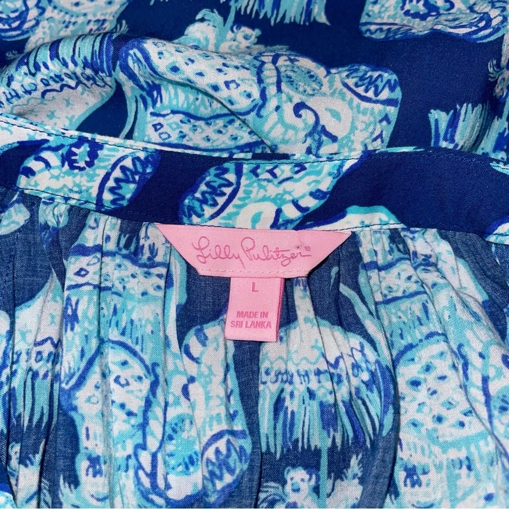 Lilly Pulitzer Martinique Joy Ride Blue Elephant Print Top Women’s Large - Picture 6 of 7